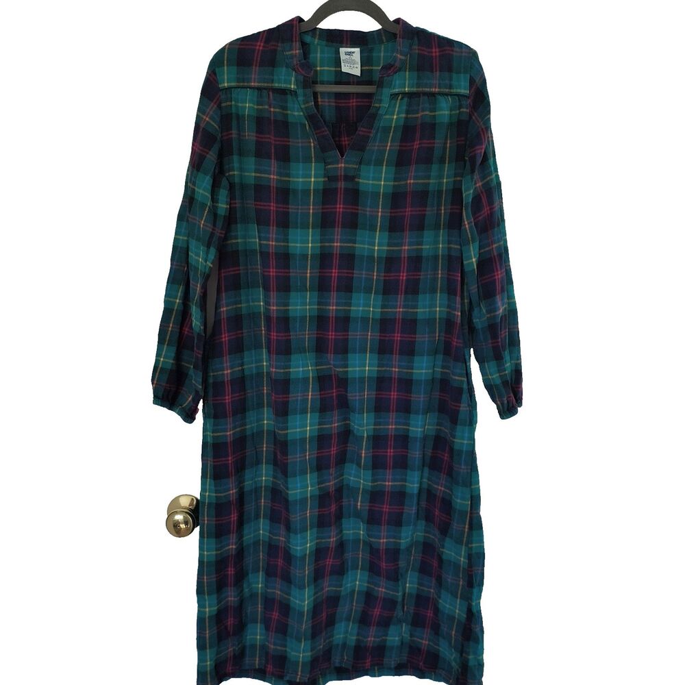 Lands' End Flannel Nightgown M Green Tartan Plaid Cotton Pockets Cozy Holiday